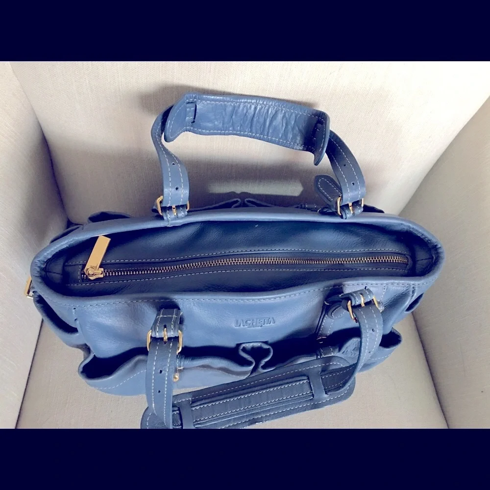 Blue Leather Hobobag with Dual Front Pockets